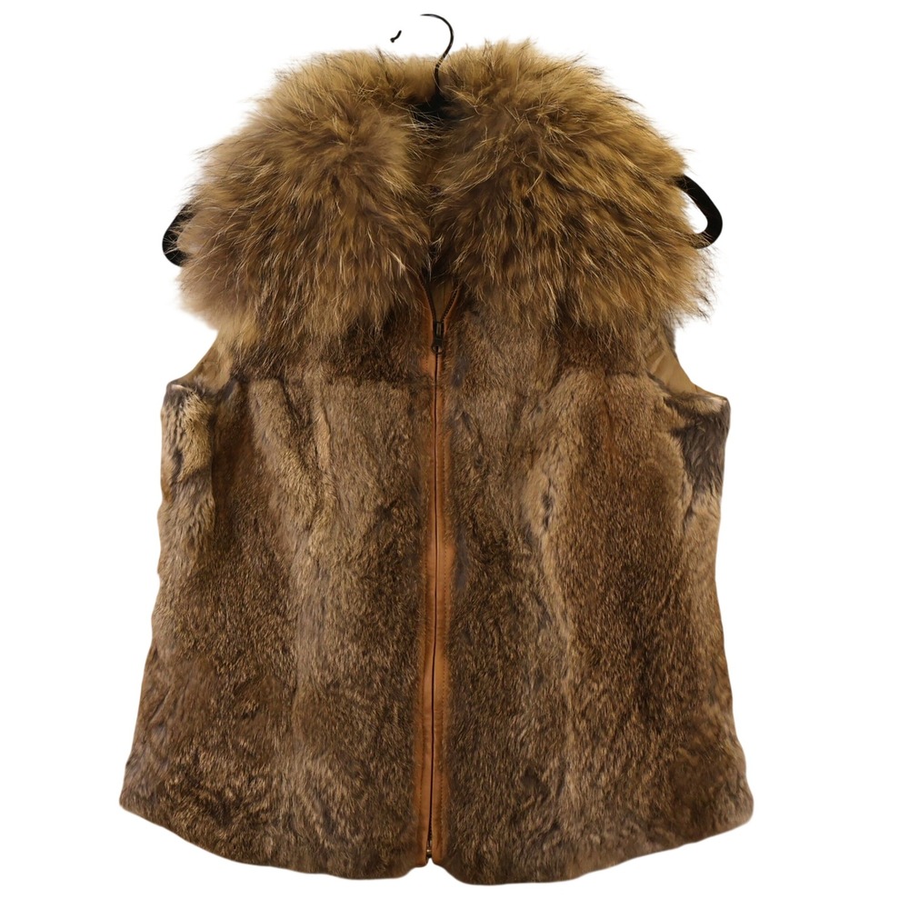 Hope Womens Small Real Rabbit Raccoon Fur Vest Brown Nappa Leather Trim Zip Up